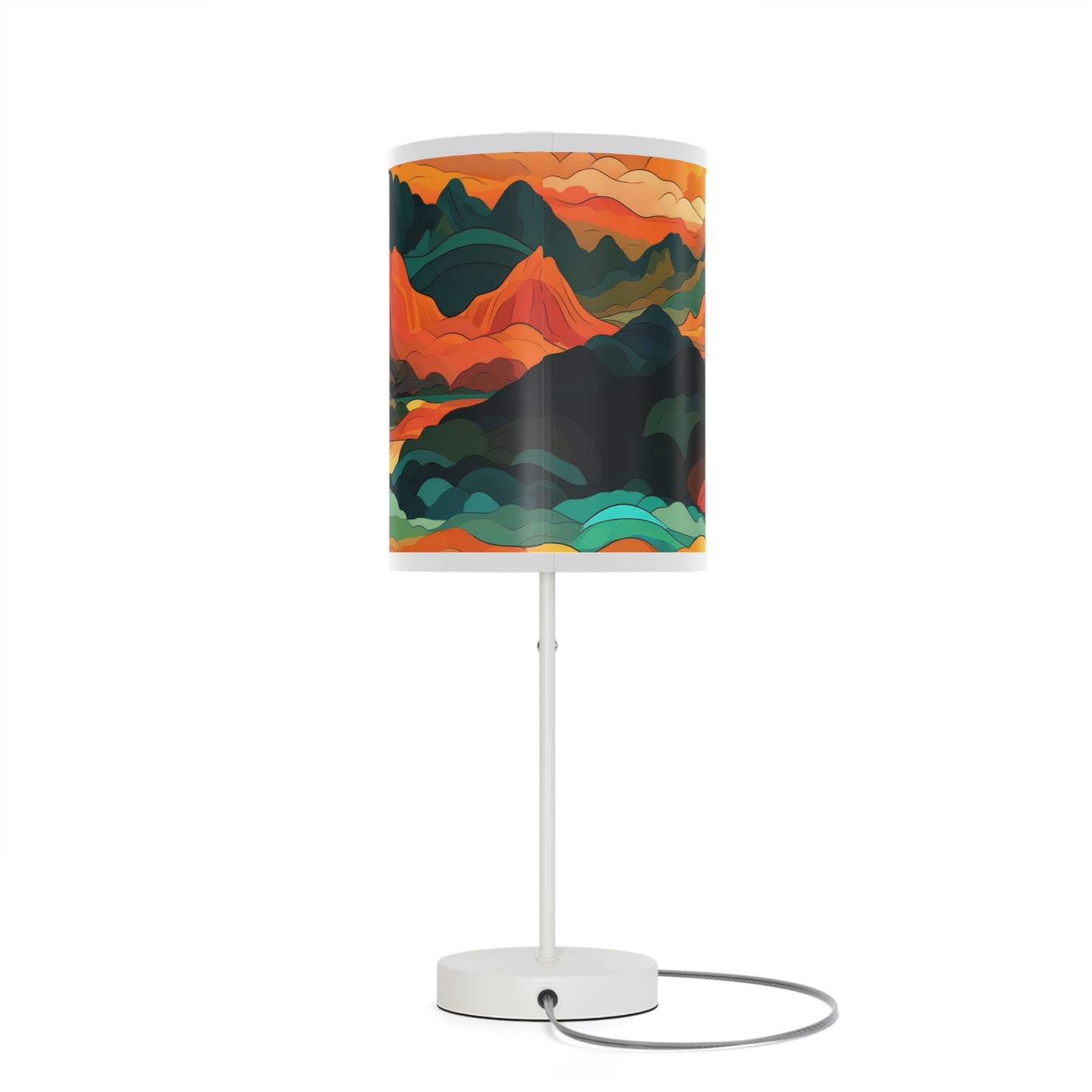 Mountain Muse - Lamp brings evening tranquility. This side table lamp combines sunset hues with abstract clouds and mountains for a serene ambiance. The unique graphical lampshade captures warmth, perfect for unwinding or bedtime. Its 20" × 7" size and white steel base suit any room, from living areas to nurseries, offering soothing illumination for all.