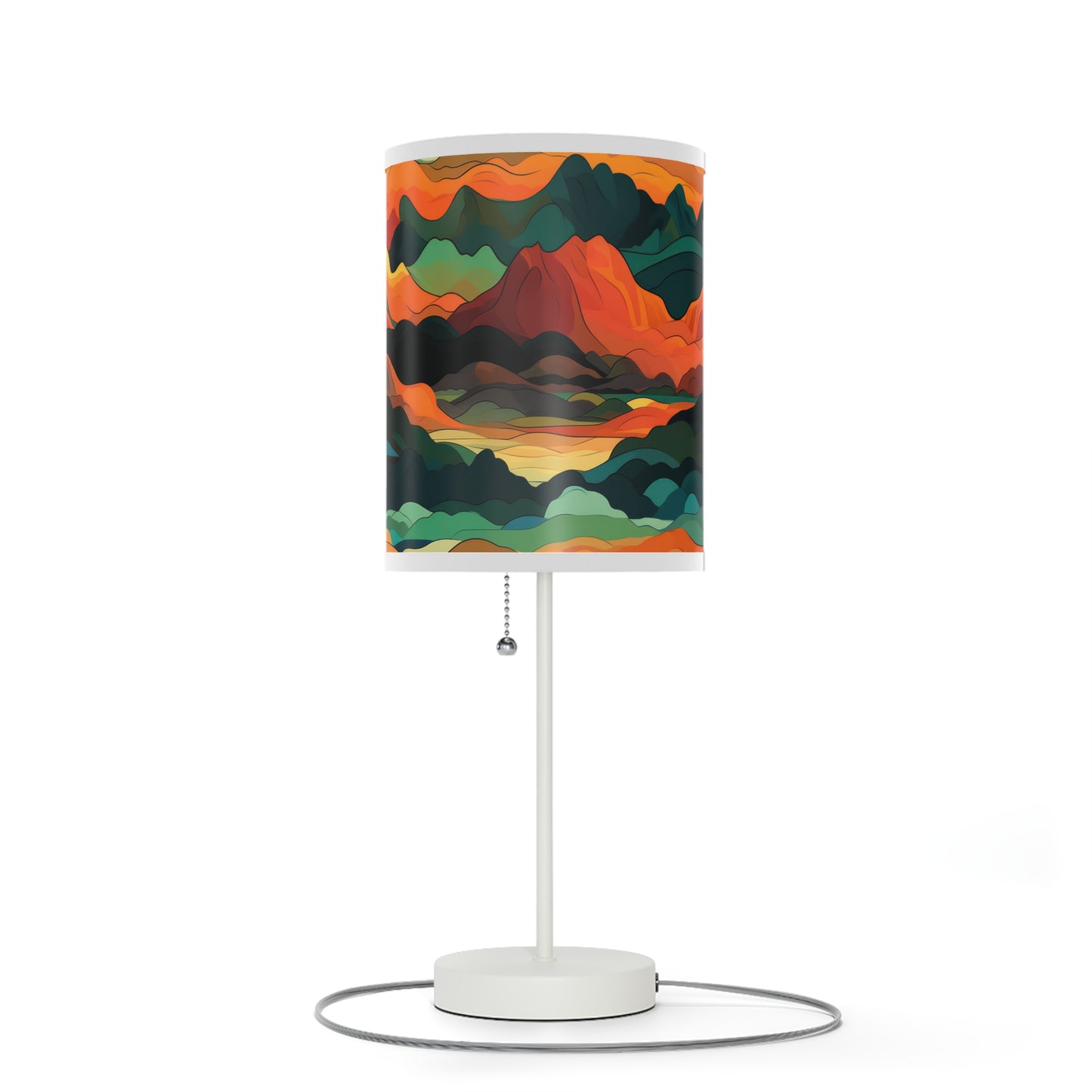 Mountain Muse - Lamp brings evening tranquility. This side table lamp combines sunset hues with abstract clouds and mountains for a serene ambiance. The unique graphical lampshade captures warmth, perfect for unwinding or bedtime. Its 20" × 7" size and white steel base suit any room, from living areas to nurseries, offering soothing illumination for all.