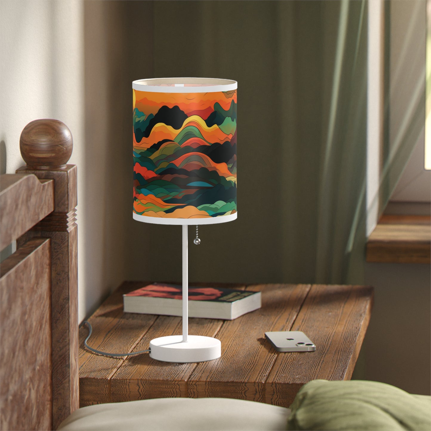 Mountain Muse - Lamp brings evening tranquility. This side table lamp combines sunset hues with abstract clouds and mountains for a serene ambiance. The unique graphical lampshade captures warmth, perfect for unwinding or bedtime. Its 20" × 7" size and white steel base suit any room, from living areas to nurseries, offering soothing illumination for all.