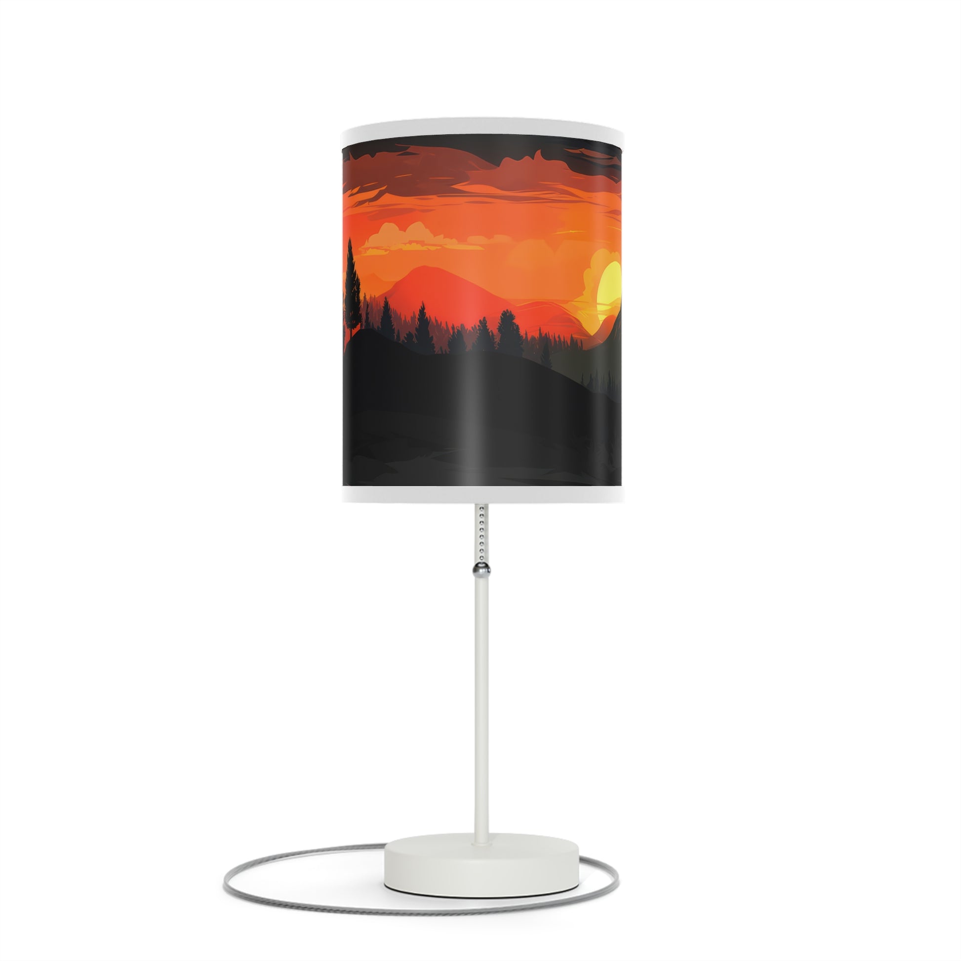 Sunset Silhouette - Lamp captures indoor sunset magic. With a realistic print of mountains and sunset, it bathes rooms in inviting hues. Radiant yet calming, its soft glow mimics natural sunsets, perfect for winding down. The lamp's 20" × 7" size, solid white steel base, and versatile design make it a charming addition to side tables, work desks, or nightstands.