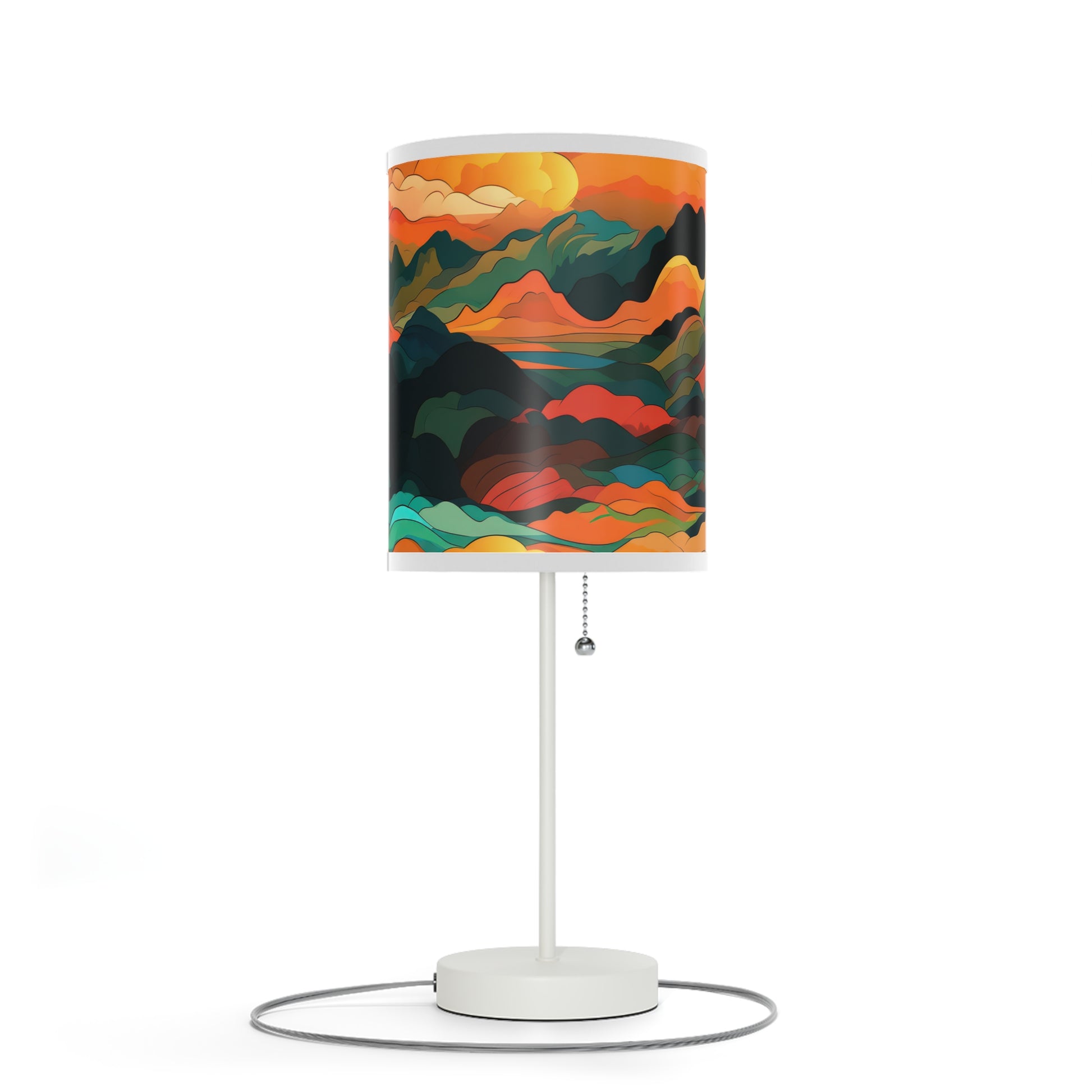 Mountain Muse - Lamp brings evening tranquility. This side table lamp combines sunset hues with abstract clouds and mountains for a serene ambiance. The unique graphical lampshade captures warmth, perfect for unwinding or bedtime. Its 20" × 7" size and white steel base suit any room, from living areas to nurseries, offering soothing illumination for all.