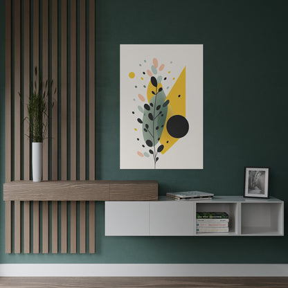 Contemporary Harmony Satin Poster features striking black and yellow designs interspersed with color-blocked shapes and confetti-like dots. With its asymmetric balance and nature-inspired motifs, this piece offers a vibrant touch to minimalist decors, effortlessly complementing both neutral and bold interiors.