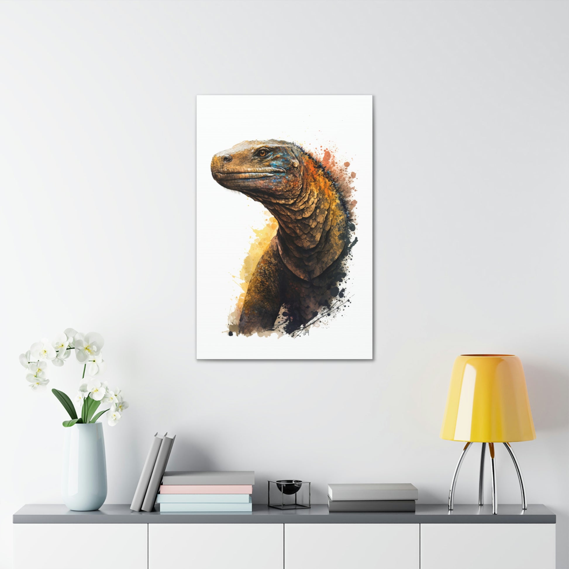 Komodo Dragon Wall Art from the Wildlife Collection, a detailed and vivid portrayal on canvas, highlighting the formidable grace of this ancient reptile. An essential pick for lovers of unique wall art, nature-centric gallery installations, commanding canvas pieces, and an infusion of the wild into modern home aesthetics.