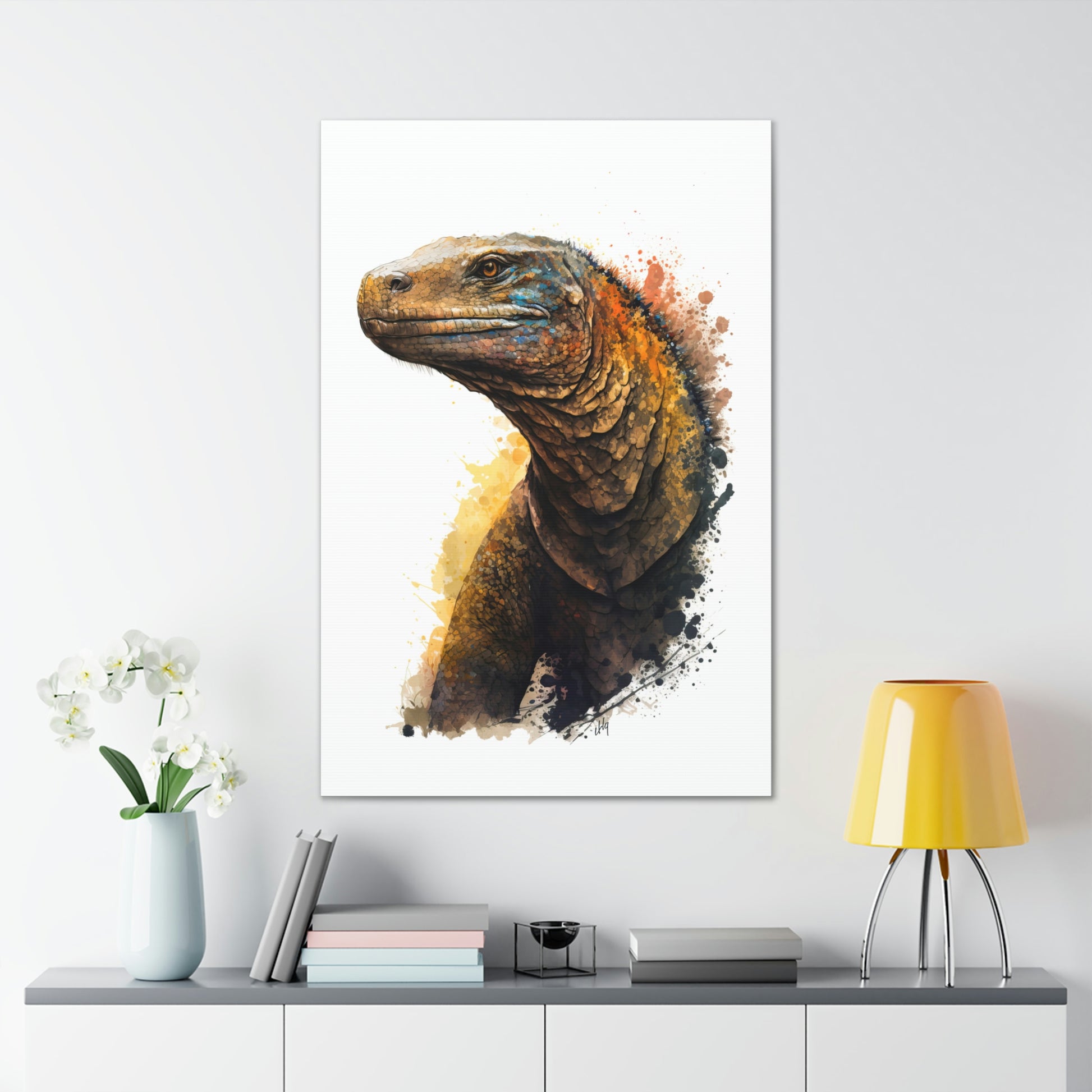 Komodo Dragon Wall Art from the Wildlife Collection, a detailed and vivid portrayal on canvas, highlighting the formidable grace of this ancient reptile. An essential pick for lovers of unique wall art, nature-centric gallery installations, commanding canvas pieces, and an infusion of the wild into modern home aesthetics.