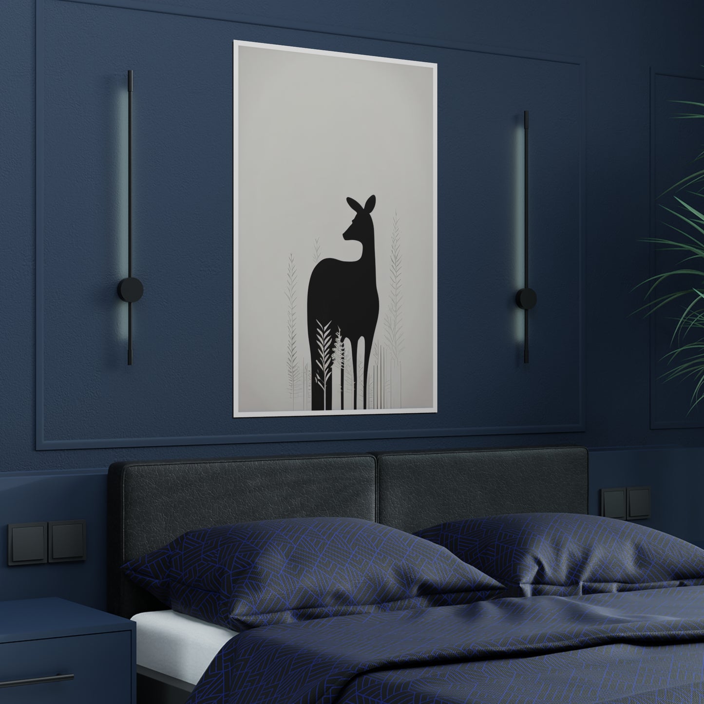 Palette of Tranquility (3/3) Silhouette of Elegance - Satin Poster gracefully unveils the poised silhouette of a female deer, evoking serenity and introspection as she gazes into the distance. Using a spectrum of greys and blacks, her figure contrasts beautifully with the delicately textured backdrop. The surrounding monochromatic flora complements without overshadowing, preserving the series' minimalist elegance.