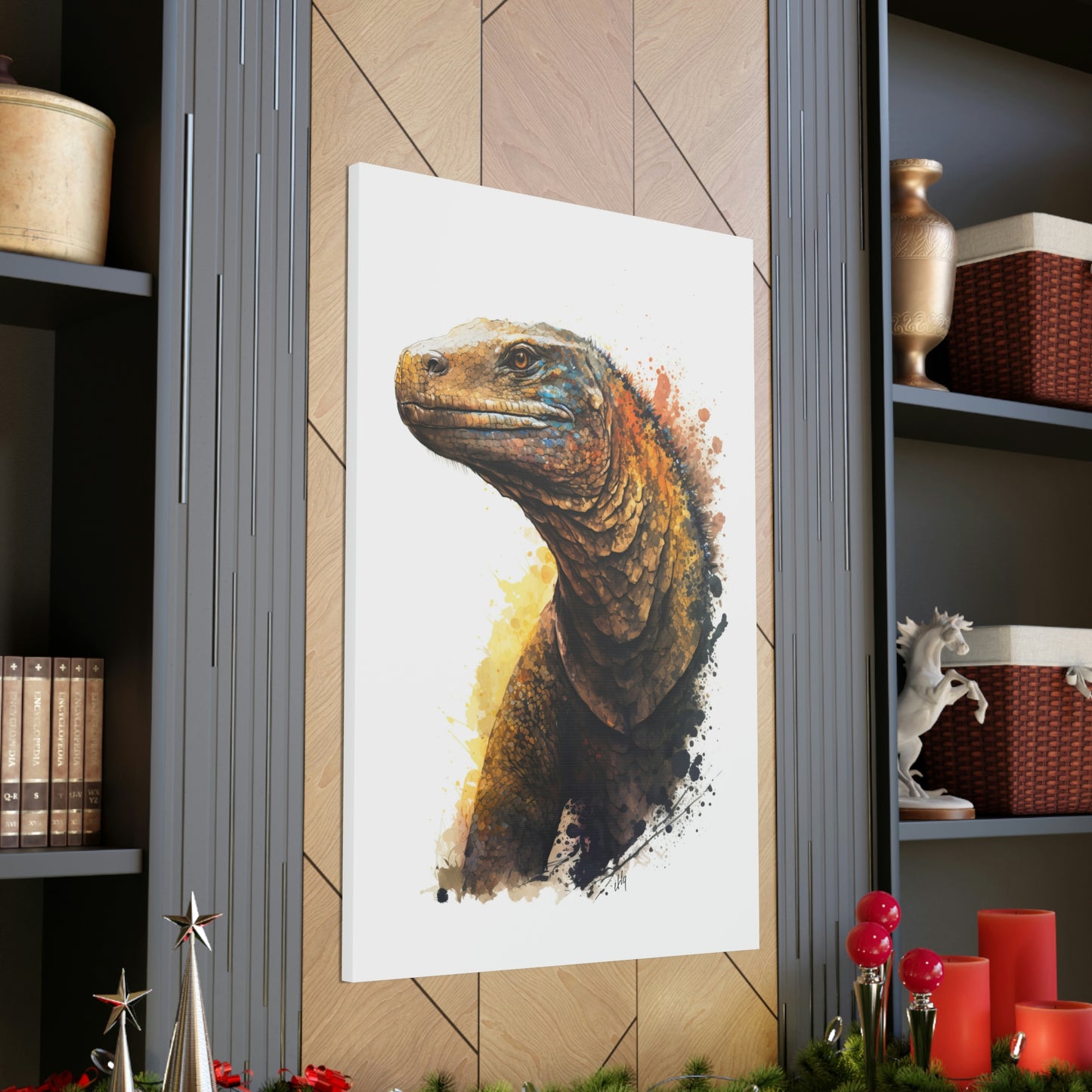 Komodo Dragon Wall Art from the Wildlife Collection, a detailed and vivid portrayal on canvas, highlighting the formidable grace of this ancient reptile. An essential pick for lovers of unique wall art, nature-centric gallery installations, commanding canvas pieces, and an infusion of the wild into modern home aesthetics.