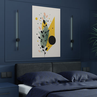 Contemporary Harmony Satin Poster features striking black and yellow designs interspersed with color-blocked shapes and confetti-like dots. With its asymmetric balance and nature-inspired motifs, this piece offers a vibrant touch to minimalist decors, effortlessly complementing both neutral and bold interiors.