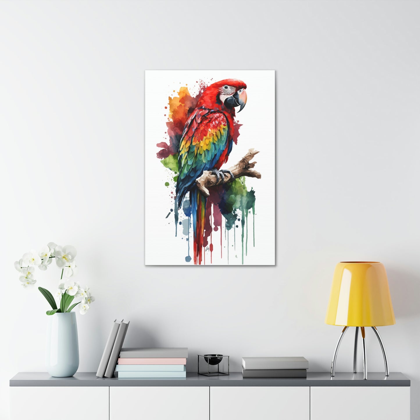 Macaw Wall Art from the Wildlife Collection, a vibrant and detailed depiction on canvas, showcasing the dazzling colors and spirit of this tropical parrot. Perfect for admirers of radiant wall art, nature-inspired gallery spaces, captivating canvas presentations, and a tropical touch to modern home decor.