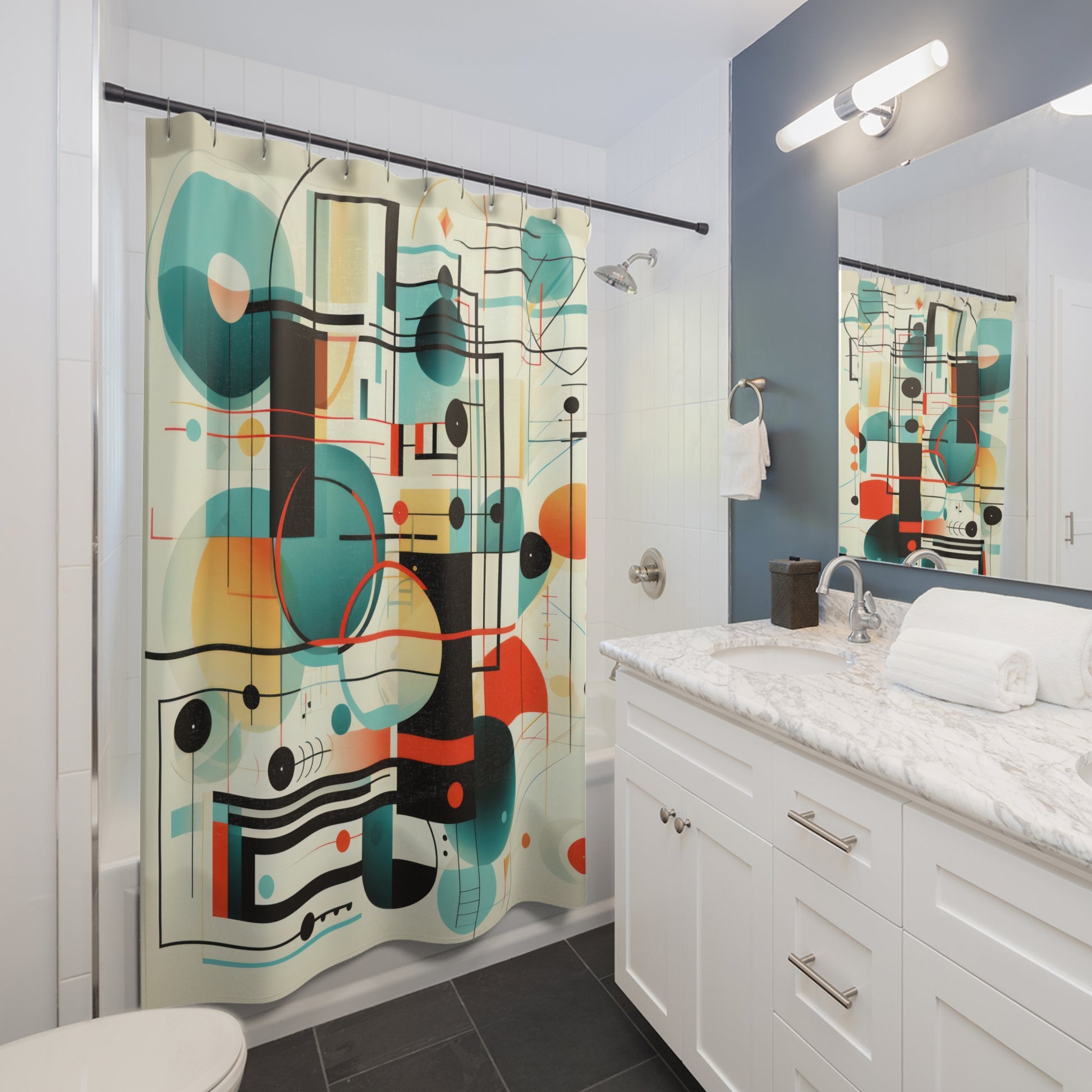 Vibrant Harmony - Shower Curtain features a dynamic abstract design with bold blues, fiery reds, and vivid yellows intersecting in lively composition. Measuring 71 x 74 inches, it brings energy and personality to your bathroom decor.