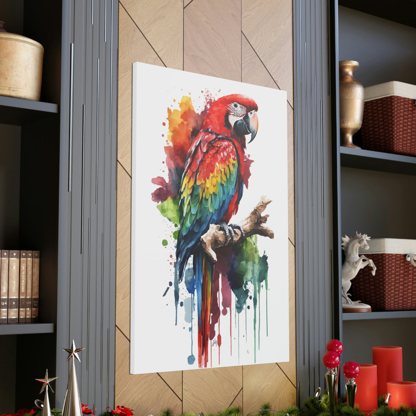 Macaw Wall Art from the Wildlife Collection, a vibrant and detailed depiction on canvas, showcasing the dazzling colors and spirit of this tropical parrot. Perfect for admirers of radiant wall art, nature-inspired gallery spaces, captivating canvas presentations, and a tropical touch to modern home decor.