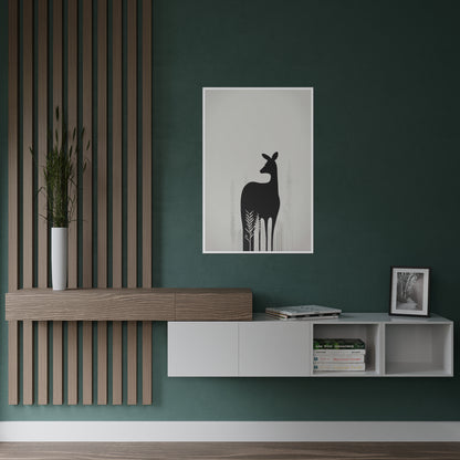 Palette of Tranquility (3/3) Silhouette of Elegance - Satin Poster gracefully unveils the poised silhouette of a female deer, evoking serenity and introspection as she gazes into the distance. Using a spectrum of greys and blacks, her figure contrasts beautifully with the delicately textured backdrop. The surrounding monochromatic flora complements without overshadowing, preserving the series' minimalist elegance.