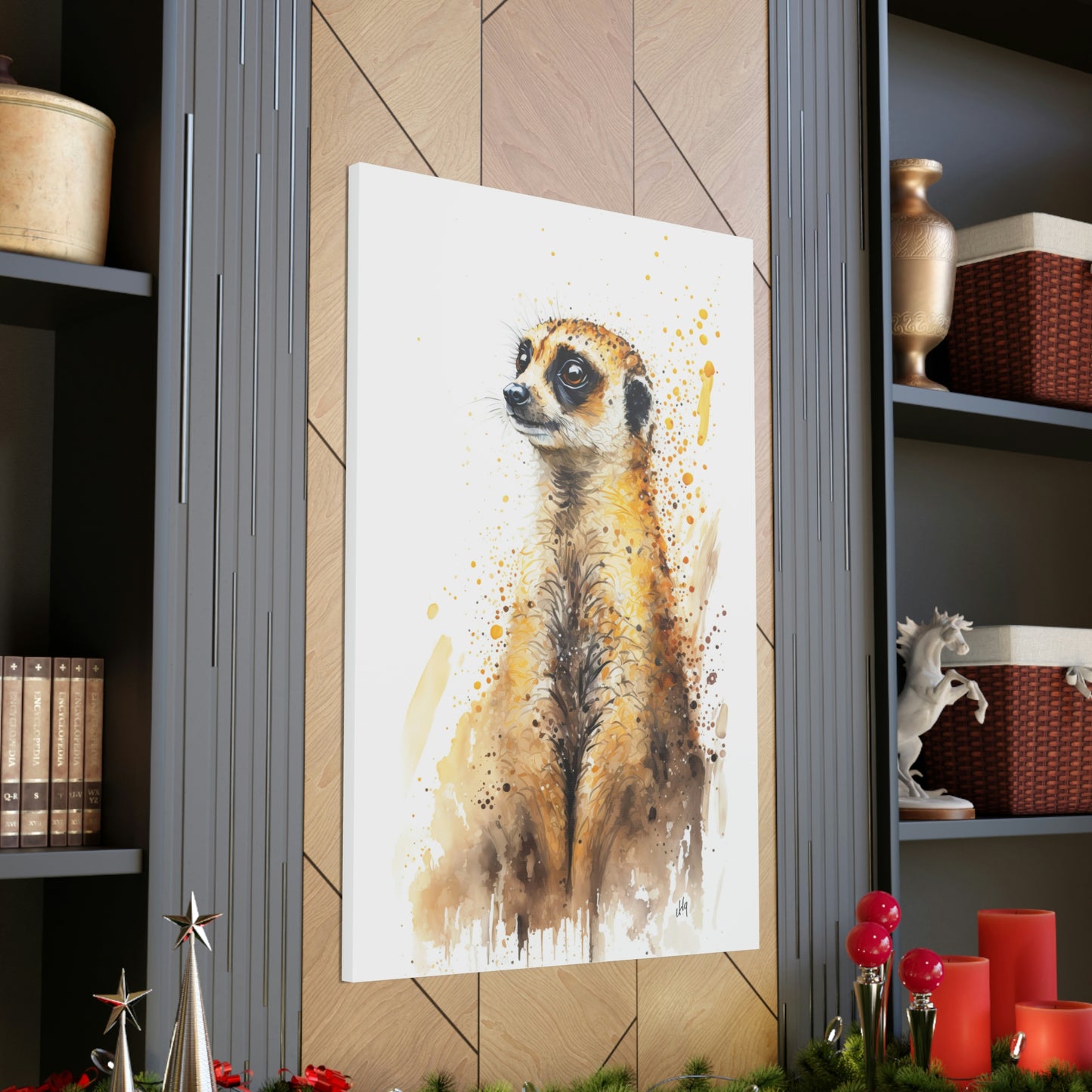 Meerkat Wall Art from the Wildlife Collection, an expressive portrayal on canvas, bringing to life the curious and watchful nature of this desert dweller. A treasure for those who appreciate distinctive wall art, nature-themed gallery showcases, memorable canvas artworks, and a touch of the wild in contemporary home interiors.