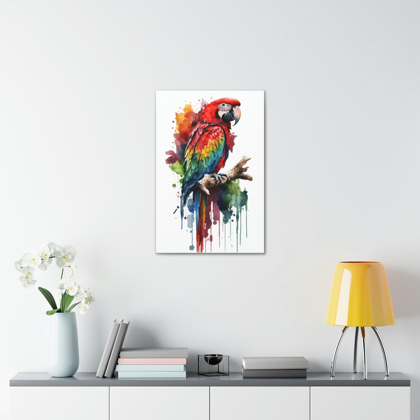 Macaw Wall Art from the Wildlife Collection, a vibrant and detailed depiction on canvas, showcasing the dazzling colors and spirit of this tropical parrot. Perfect for admirers of radiant wall art, nature-inspired gallery spaces, captivating canvas presentations, and a tropical touch to modern home decor.